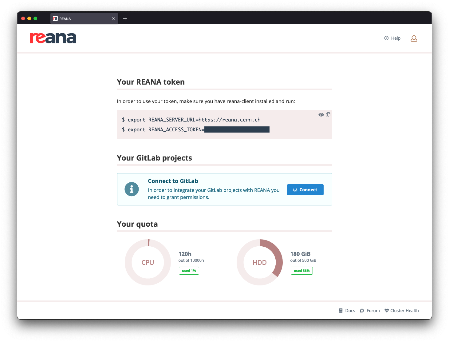 "Your quota" section of the profile page